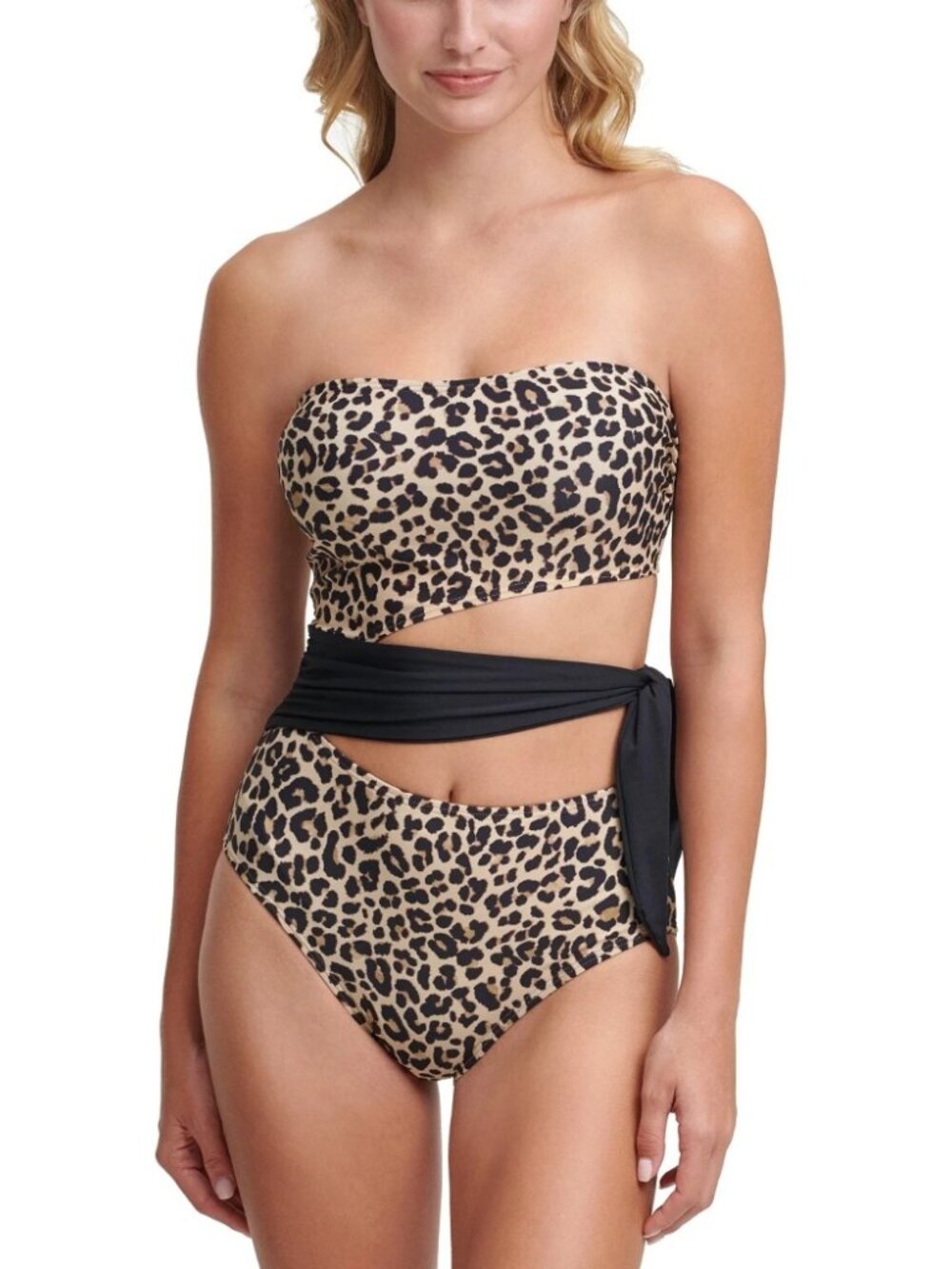 DKNY Animal Leopard Print Cut-Out Bandeau One-Piece Swimsuit Strapless Sz 10 NWT